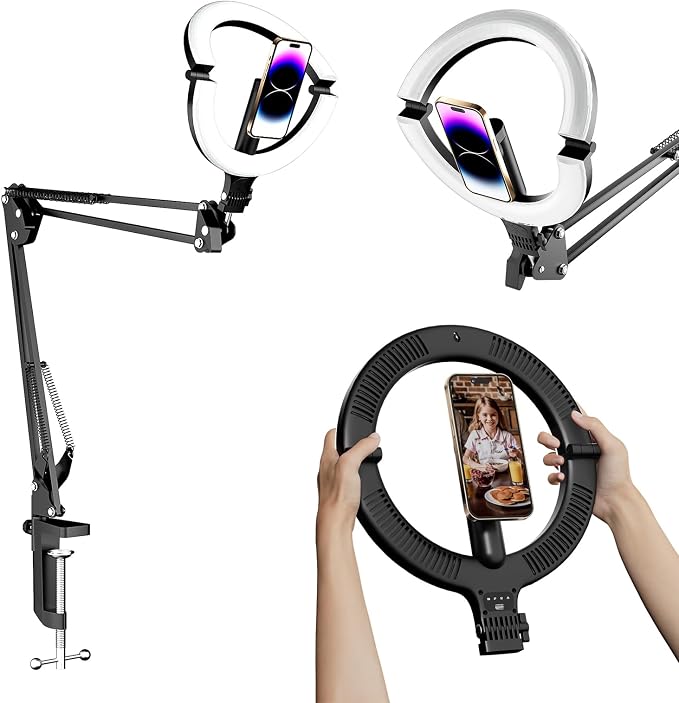 10" Magnetic Ring Light Overhead Camera Phone Mount, XINBAOHONG LED Selfie Light with Stand and Phone Holder, Rechargeable Desk Light for Video Recording