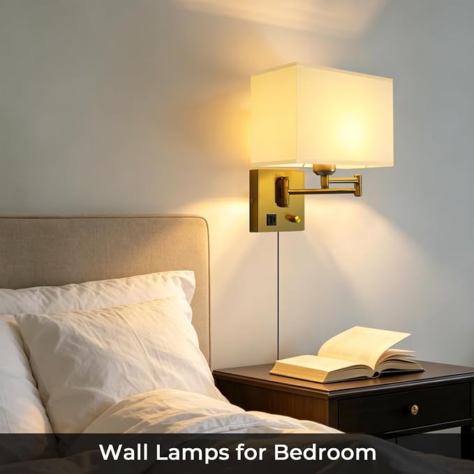 Plug in Swing Arm Wall Sconce, Wall Lights for Living Room | Wall Lamp with USB C+A Charging Ports, Adjustable Swing Arm 270°, Adjustable Color Temperature, Wall Mount Lamp for Bedroom