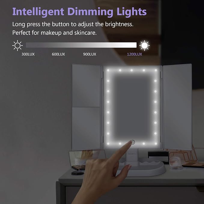 Trifold Lighted Vanity Makeup Mirror with 21 LEDs Lights,1x/2x/3x Magnification and Touch Screen Dimming,Two Power Supplies Makeup Mirror, Gift for Women