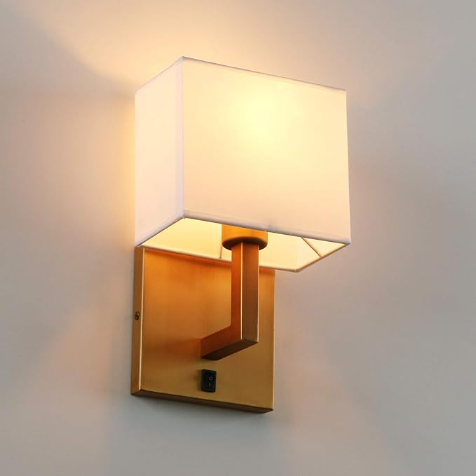 PERMO Single Wall Sconce Light Fixture Antique Finish with White Textile Shades and On/Off Switch Button Small Modern Nightstand Lamps for Bedrooms Bedside Reading