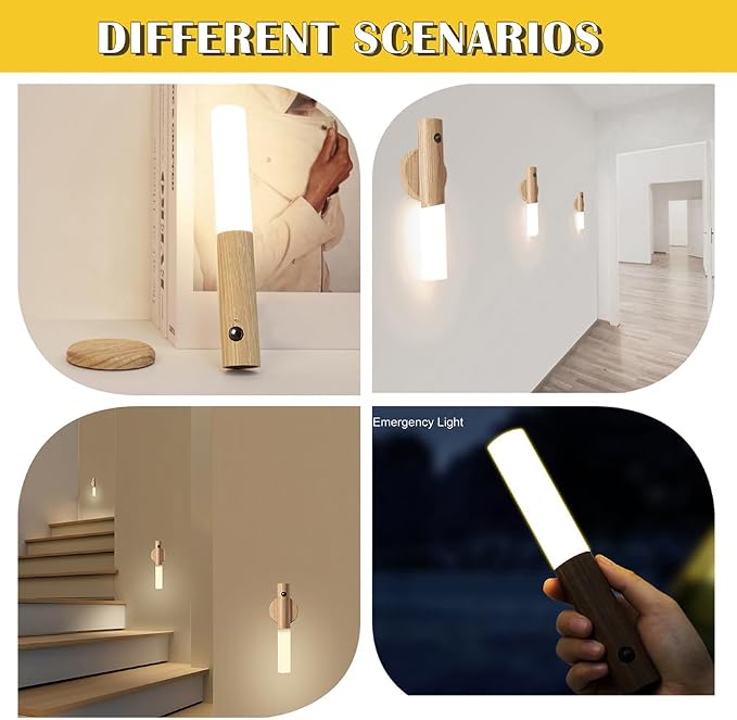 LANDGOO Wooden Motion Sensor Night Lights, | Magnet Body Hallway Rechargeable LED Wireless Battery Operated Wall Sconce