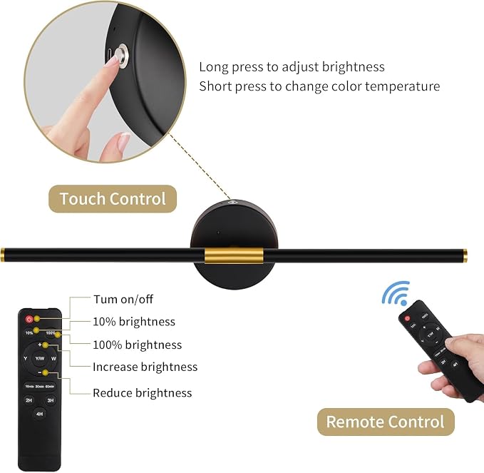 24" Battery Operated Wall Sconce Set of 2, 350° Rotating Lamp, Black Gold | Wireless, 8000mAh Rechargeable Battery, Stepless Dimming, 3000K-6000K, Remote & Touch Control, Timer, Living Room, Bedroom