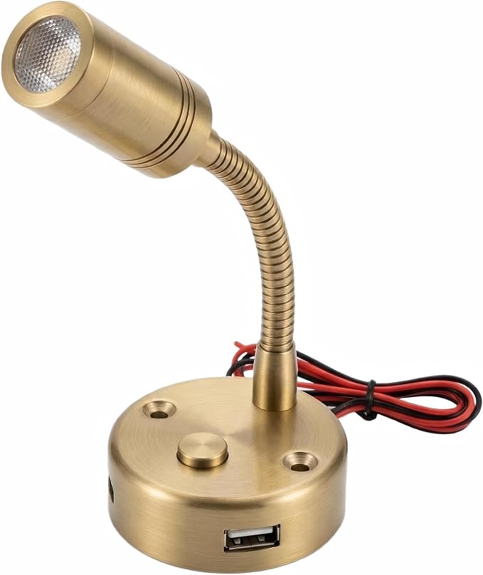 12VDC RV Reading Light with Dual USB Port(USB and USBC), LED Wall Lamp with Switch, for Camper Trailer Boat, Vintage Brass Finish,(2-Pack 3000K Dimming) | USB+Type-c,Dimmable,12v reading lighting