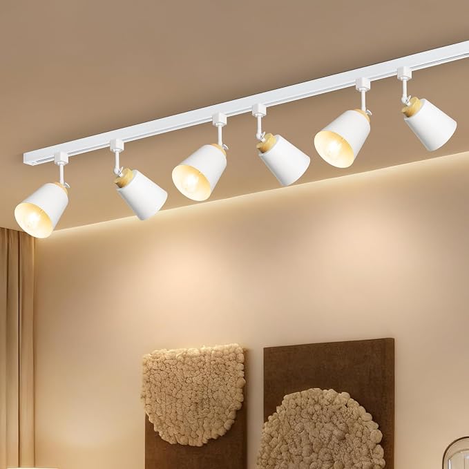H Type Track Lighting Heads with Lamp Shade, White 4 Pack -No Bulbs | E26 Track Light Ceiling Modern for Kitchen, Compatible with H Track Lighting Rail System, Wood Style Pendant Light Fixtures