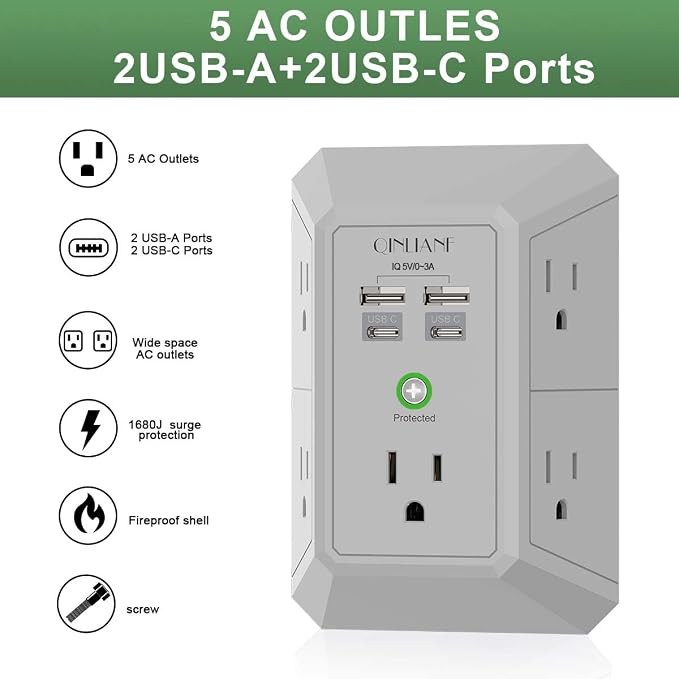USB Wall Charger, Surge Protector, QINLIANF 5 Outlet Extender with 4 USB Charging Ports(2U2C) 3-Sided 1680J Power Strip Multi Plug Outlets Wall Adapter Spaced for Home Travel Office, Grey