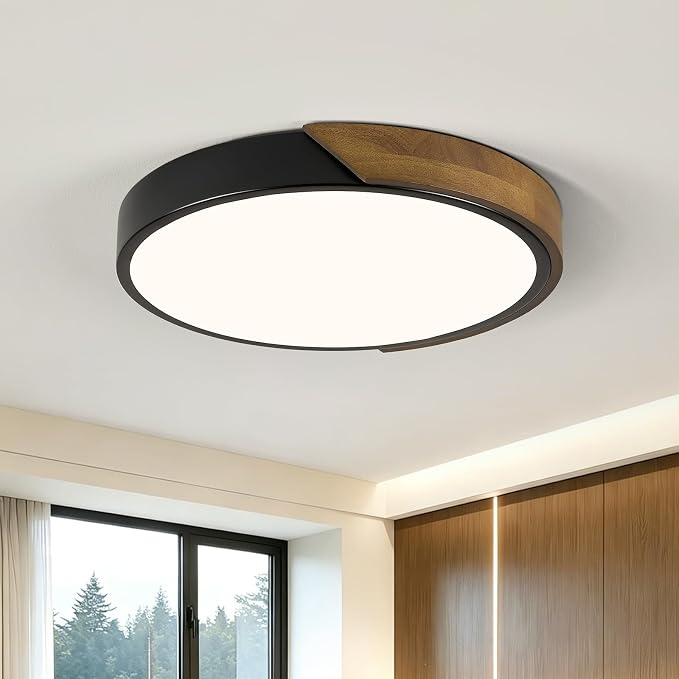 Modern LED Ceiling Light, Brown Walnut Wood Flush Mount Ceiling Light Fixture, 4000K Not Dimmable, Minimalist Circle Lighting Lamp with Acrylic Lampshade for Bedroom Laundry Room Hallway 11.8"