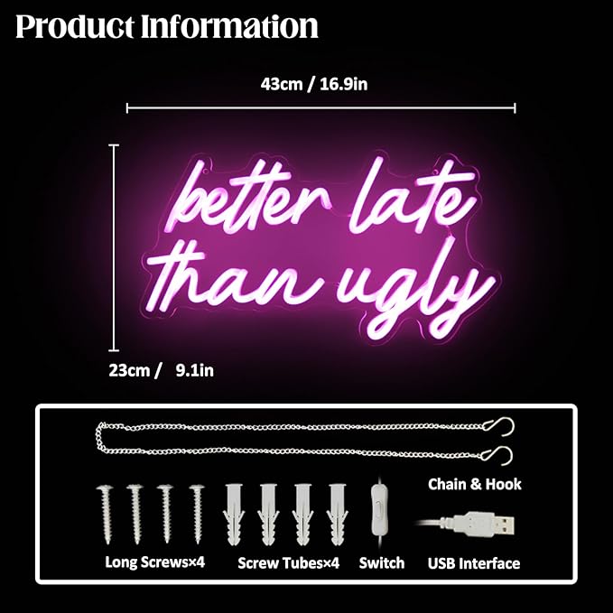 Better Late Than Ugly Neon LED Sign Pink Word Light Up Signs Beauty Room Decor Letter Neon Signs for Wall Decor LED Neon Light Sign for Bedroom Beauty Salon Wedding Bar Party Decor