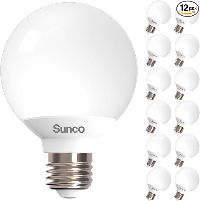 Sunco 12 Pack G25 LED Light Bulb, Globe, Vanity Bathroom Mirror, 6W=40W | 2700K Soft White, Frosted Lens, 450LM, Dimmable, E26 Medium Base, Vanity Mirror Lighting, Damp Rated, Decorative Round Bulb