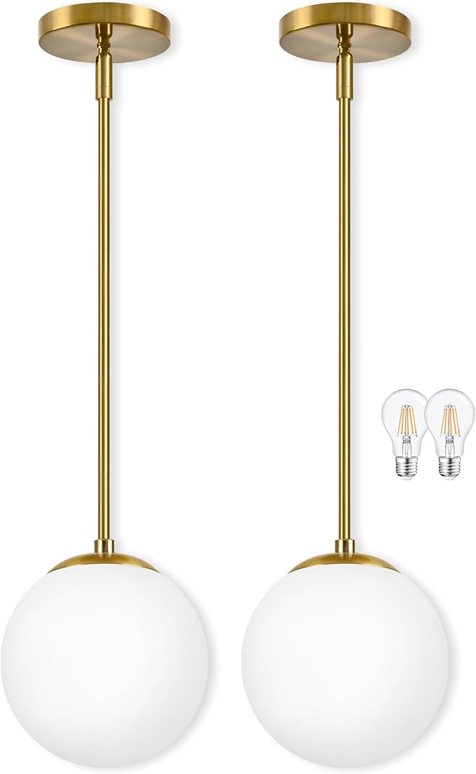 8" Globe Pendant Light Gold 2 Pack Mid Century Pendant Light Globe Pendant Lights Kitchen Island Brushed Brass Finished with Milk Glass Adjustable Ceiling Light Fixtures for Dining Room Bar