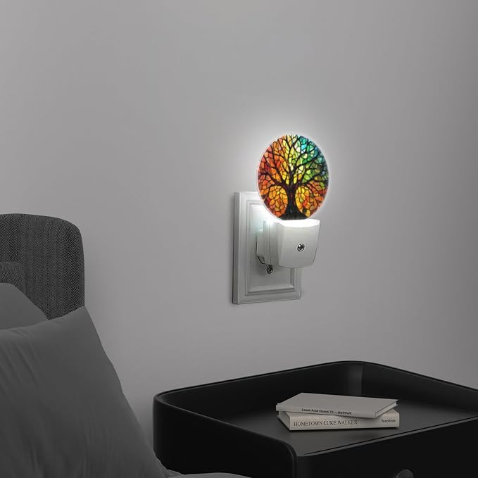Round LED Night Lights Lamp with Dusk to Dawn Sensor, Artistic Color Panel Tree Night Light Plug Into Wall for Kids Room, Bedroom, Bathroom, Kitchen, Hallway