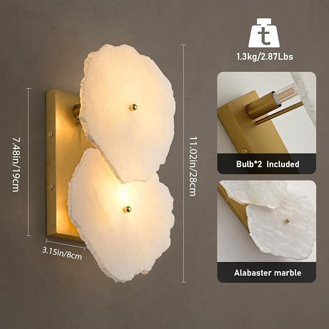 Alabaster Wall Sconce, 2-Light Natural Spanish Marble Wall Sconces, Brushed Gold Hardwired Indoor Wall Sconce with G9 Bulbs, Dimmable Irregular Modern Alabaster Light for Living Room, Bedroom(1 Pack)