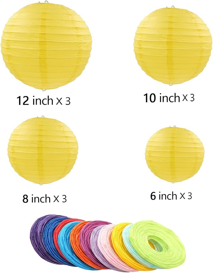12pcs Yellow Paper Lanterns with 12pcs White LED Lights, 6" 8" 10" 12" Round Hanging Chinese/Japanese Ball Lantern for Easter Wedding Anniversary Birthday