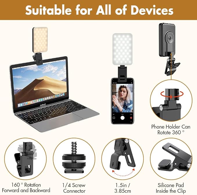 Selfie Light for iPhone,Portable Phone Clip on Light,Rechargeable LED Ring Light for Phone,Video Recording,Camera,Laptop,TikTok,Tablet,Vlog,Computer,5 Lighting Modes,80 LED High Power