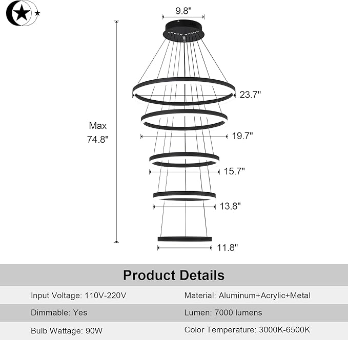 5-Rings Modern LED Chandelier Black Dimmable High Ceiling Chandelier for Dining Room with Remote Control for Foyer Living Room Entryway Staircase(D23.6’’, 3000K-6500K)