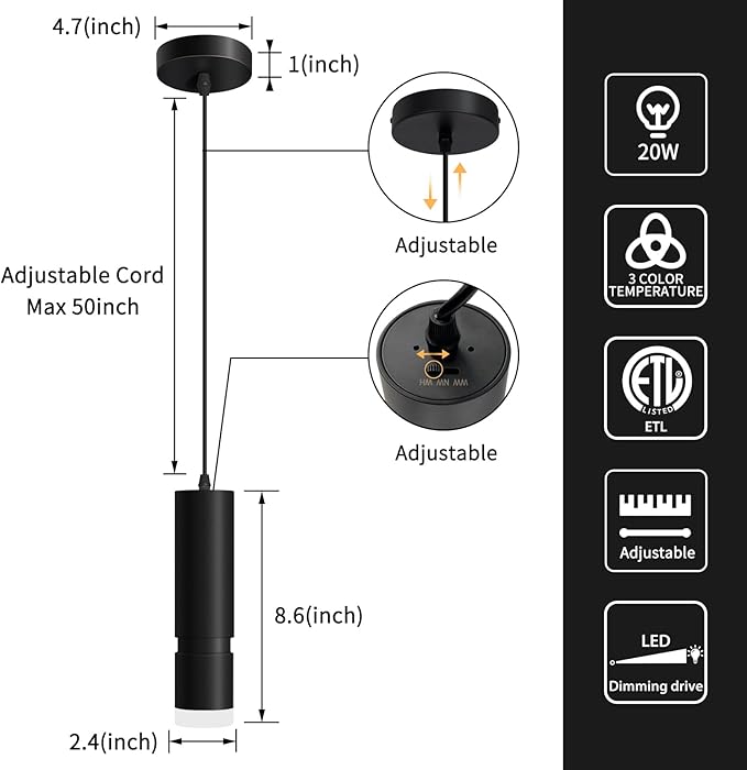 OKELI Pendant Light, Modern Black Pendant Lights Fixture,3-CCT Unique LED Pendant Lighting for Kitchen Island,20W,2700K/4000K/6000K,ETL