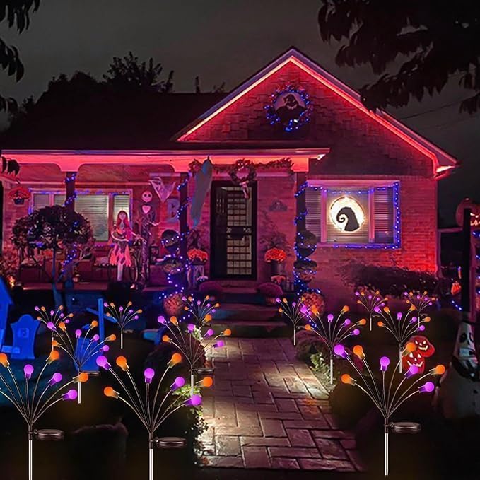 OZS 6 Pack Solar Halloween Lights Outdoor, 48 LED Purple Orange Firefly | Waterproof IP65, Swaying Effect, 2 Modes, for Garden Pathway Patio Yard Lawn Decor, Halloween Decorations