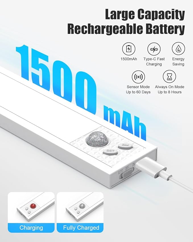 Under Cabinet Motion Sensor Lighting - 12 Inch Wireless Under Cabinet Lighting, Rechargeable with Magnetic Mount, 5CCT Adjustable for Kitchen/Hallway (White, 2-Pack)