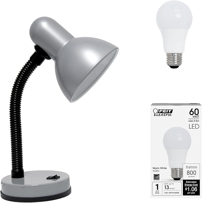 Simple Designs LD1003-SLV-LB 14.25" Basic Metal Desk Lamp with Flexible Hose Neck for Office, Living Room, Bedroom, College Dorm, Bookshelf, Silver, with Feit LED Bulb Included