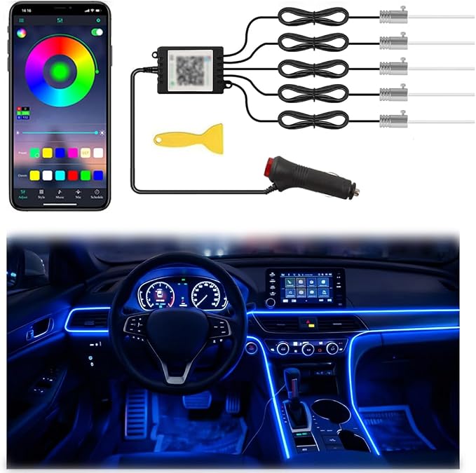 Interior Car LED Lights, 5 in 1 RGB Car Ambient Lighting Kit, APP Control | 275 inches Fiber Optic, 16 Million Colors and Music Mode Inside Car Lighting Accessories, 12V