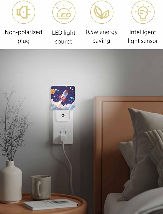 Cartoon Night Lights Plug into Wall LED Night Light Rocket Stars Space Modern Automatic Dimmable Dusk-to-Dawn Square Shaped Smart Nightlight for Bathroom/Bedroom