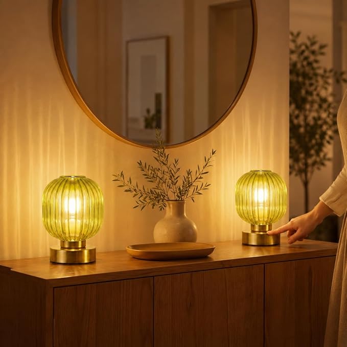 Elenhome Green Touch Glass Table Lamp Set of 2, 3-Way Dimmable Bedside Lamps, Vintage Mid-Century Modern Nightstand Lamps for Bedroom and Living Room, Ambient Mood Lighting, LED Bulb Included