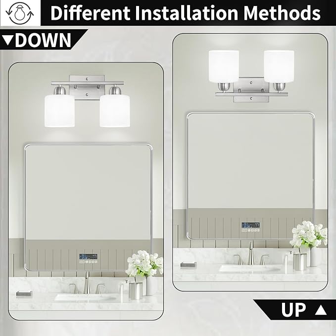 Brushed Nickel Bathroom Light, Anti-Rust Finish 2 Light Bathroom Vanity Light Brushed Nickel, Milky White Frosted Glass Shades, E26 Socket