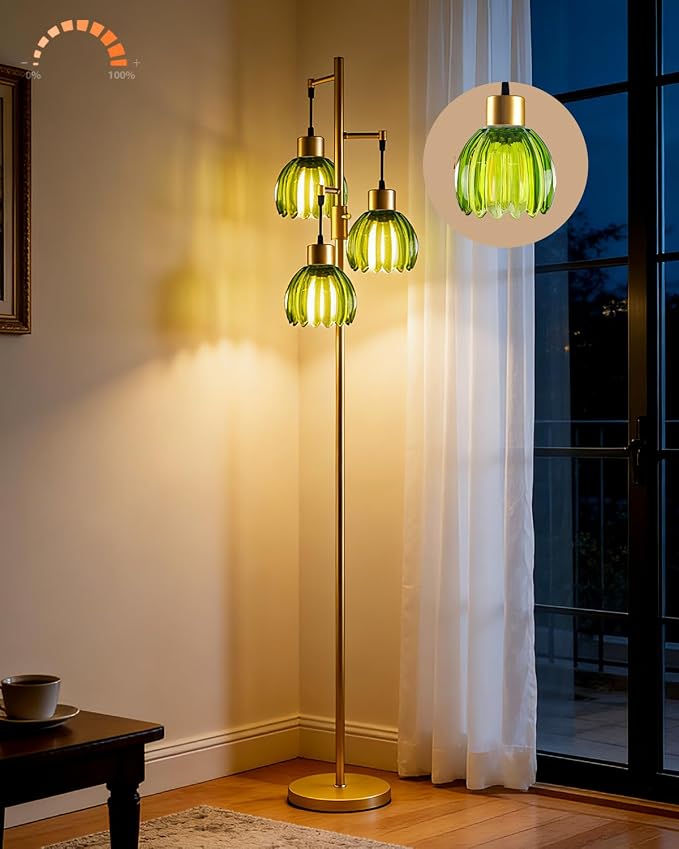 Lightdot 65'' Green Glass Floor Lamp Dimmable Gold Floor Lamps with Lotus Glass Shade& 3000K Bulbs Included 3-Lights Modern Tall Standing Lamp with 5Lbs Heavy Base for Living Room/Bedroom/Sofa Beside