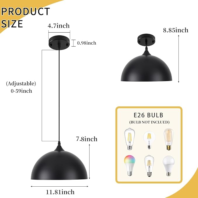 Farmhouse Pendant Lights Kitchen Island, 11.8 inches Black and White Pendant Light Fixtures, Black Dome Pendant Light, Modern Pendant Lights for Kitchen Island Dining Room Bedroom, 1 Pack