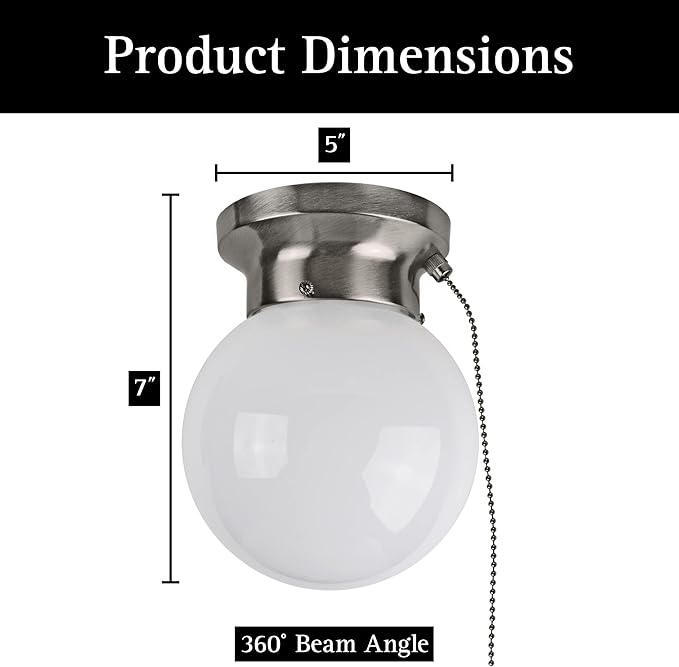 Ultralux 6" Utility LED Glass Flush Mount with Pull Chain - Globe Light Fixture - 500 Lumens 3000K Light Fixture for Closet, Pantry, Shed, Laundry Room - ETL-Certified (Brushed Nickel, 6-Pack)