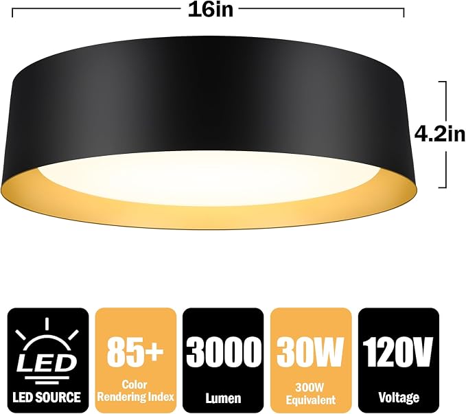 BrightHome Flush Mount Ceiling Light, 16in Modern Ceiling Light 3/4/5000K | 30W Bathroom Ceiling Light Fixture, 3000LM Dimmable LED Flush Mount Light for Bedroom, Hallway, Kitchen, Black & Gold