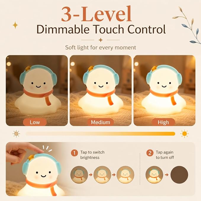 Snow Baby Night Light for Kids, Silicone Squishy Lamp, 3-Level Dimmable Touch Bedside Light, USB Rechargeable Nursery Lamp for Baby Bedroom, Birthday Christmas Gift