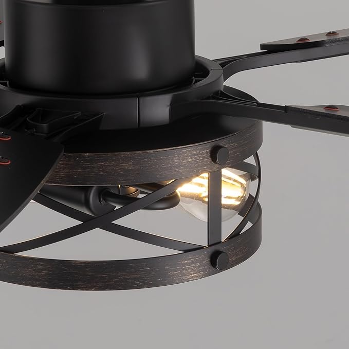 52 Inch Ceiling Fans with Lights and Remote & APP Control, Farmhouse Ceiling Fan with LED Lighting for Bedroom Living Room and Patio, Black Caged Ceiling Fan for Indoor and Outdoor(NO BULBS）