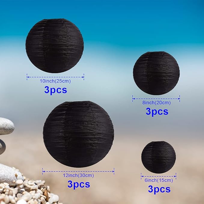 Black Paper Lanterns 12 Pcs Assorted size of 6" 8" 10" 12" Chinese Round Paper Hanging Decorations Ball Lanterns Lamps for Home Decorations, Parties, and Weddings