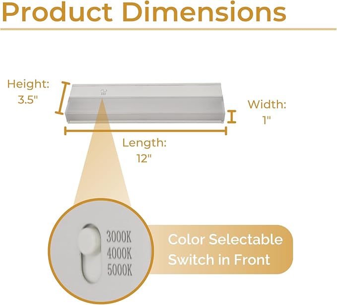 12-Inch Dimmable Under Cabinet LED Light, Hardwired Installation Only, Color Selectable - Soft White(3000K)/ Bright White(4000K)/ Daylight White(5000K), 8W, White Finish (12 Inches)