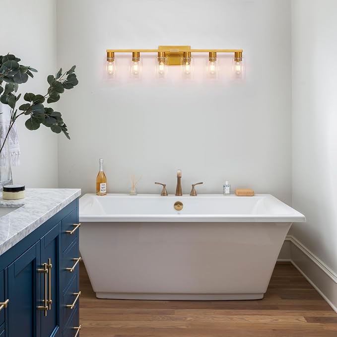 Gold 6 Light Bathroom Vanity Light Brush Gold Bathroom Light Fixtures Brass Vanity Lights for Bathrrom Large Wall Sconce with Clear Glass Shade E26 Socket