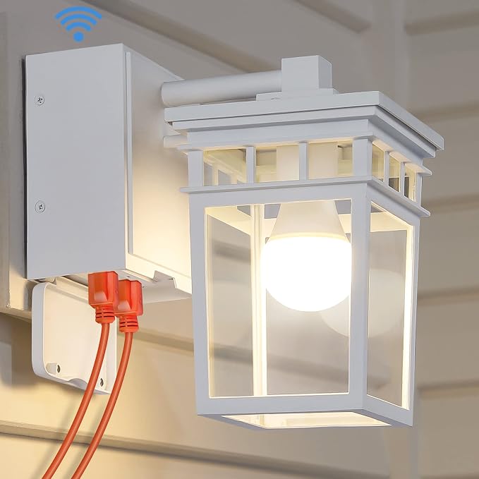 Outdoor Porch Light, Dusk to Dawn Outdoor Wall Lantern with GFCI Outlet | White Waterproof Anti-Rust Exterior Light Fixture with LED Bulb, Outside Sconce Lights for House Garage Patio