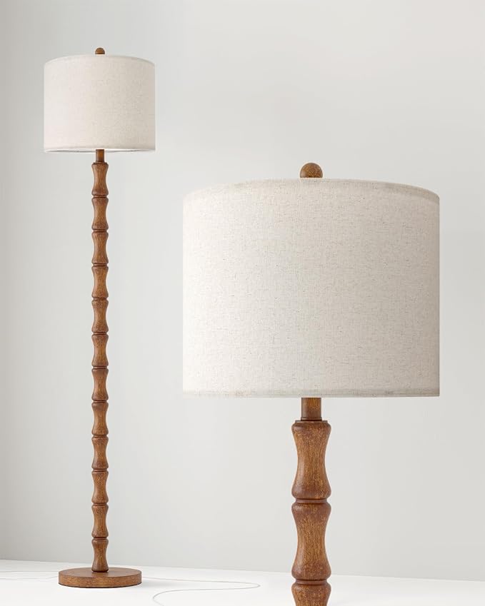 62" Farmhouse Floor Lamp for Living Room, Rustic Standing Lamp with Linen Shade and Rotary Switch, Resin Corner Floor Lamp for Bedroom, Dining Room, Office, Home Decor, Wood Grain