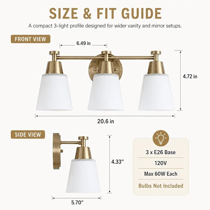 3-Light Bathroom Vanity Light, Gold Finish with Milk Glass Shades, Over Mirror, for Bathroom Vanity