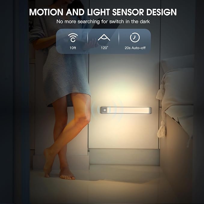 Under Cabinet Light, 63 LED Rechargeable Battery Operated Motion Sensor Light Indoor, Magnetic Dimmable Closet Light, Wireless Under Counter Lights for Kitchen, One Light, Warm White Light
