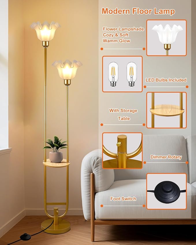 Lightdot Dimmable Flower Floor Lamp with Table for Living Room, Modern Mid Century Gold Metal Tall Standing Lamp with 5Lbs Heavy Base for Bedroom/Sofa Beside/Corner Decor (Bulb Included)