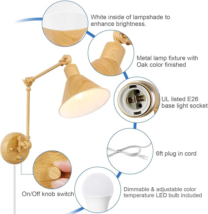 TRLIFE Dimmable Wall Sconce, Remote Control Plug in Wall Sconce Dimming 10%-100% and Adjustable Color Temperature 2700K-6000K, Swing Arm Wall Lights with Plug in Cord, UL Listed(2 Pack, Oak Color)