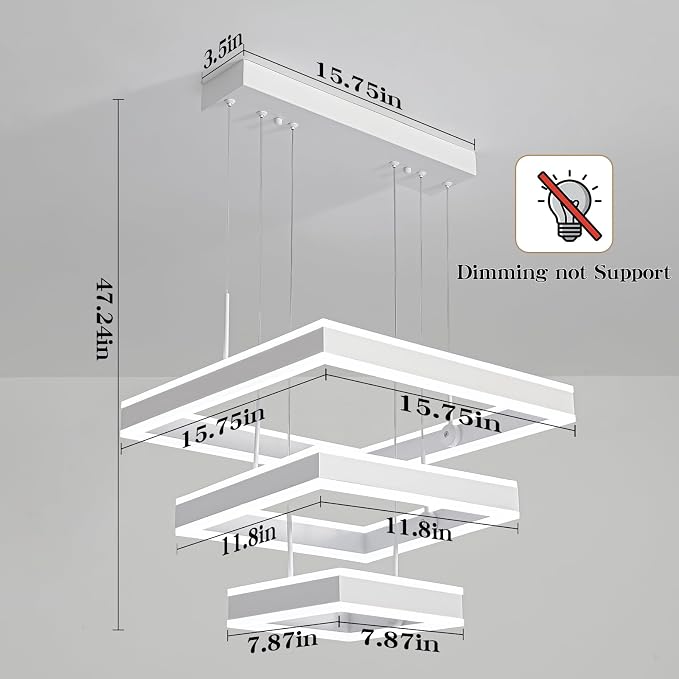O'NEELDY Modern LED Chandeliers White Square Rings Pendant Light Fixture with Hanging Cord Flush Mount Square Modern Chandeliers for Kitchen Island Dining Room