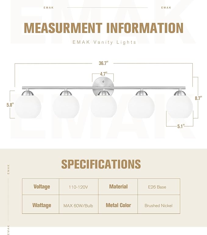 Emak Brushed Nickel Vanity Light, 37 Inch Globe Bathroom Light Fixtures with Milk Glass Shade, Modern 5-Light Vanity Lights for Bathroom, Mirror, VL114-BN-ML-5