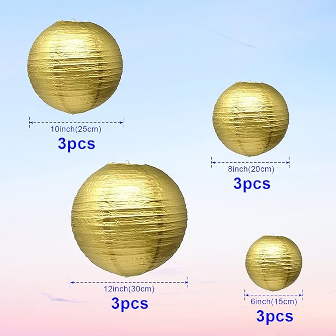 Gold Paper Lanterns 12 Pcs Assorted Size of 6" 8" 10" 12" Chinese Round Paper Hanging Decorations Ball Lanterns Lamps for Home Decorations, Parties, and Weddings