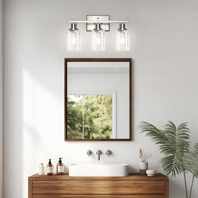 Ascher Bathroom Light Fixtures, 3 Light Vanity Light with LED Bulbs Included, Brushed Nickel Wall Sconces with Clear Glass Shades for Mirror, Kitchen, Living Room, Hallway, Cabinet