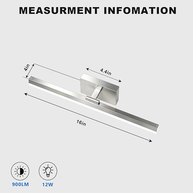 IZORRO Modern Bathroom Vanity Light 16 inch, Rotatable, 12W Dimmable Led Bathroom Light Fixture Over Mirror, Chrome Vanity Light Bar (Cool White 6000K)