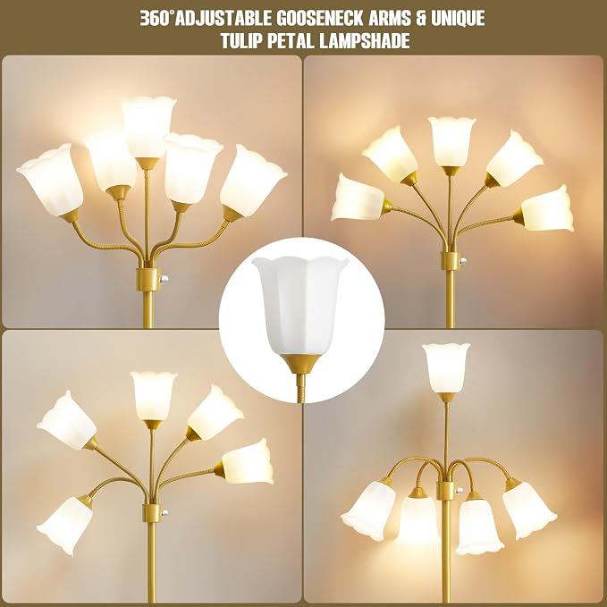 Medusa Floor Lamp, Multi Head Modern Tall Lamp with Adjustable Gooseneck Standing Gold Lamps for Living Room Kids Room&Bedroom-5 White Lampshades-Bulb Not Included