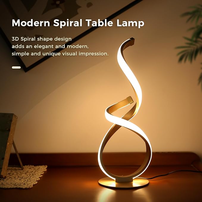 2 Pack Bedside Table Lamp, LED Spiral Desk Light, Touch Dimmable | 3 Color Temperature, Modern Nightstand Light for Night Stands, Unique Side Light for Bedroom, Living Room, Gold