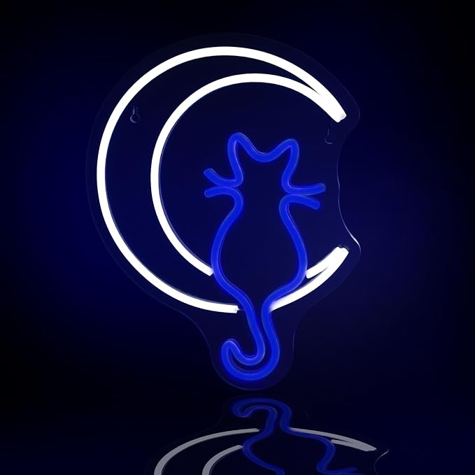 JEDAEMEN Moon Cat Neon Signs for Wall Decor White Blue LED Sign Neon Lights | Moon Cat Led Light Sign Preppy Room Decor Light Up Sign for Birthday Party Decoration USB Powered