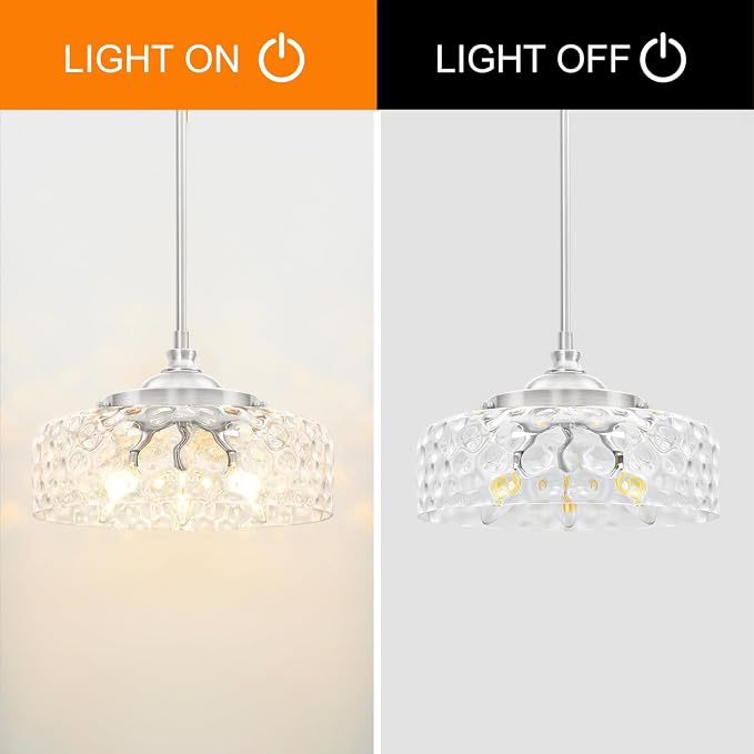 Brushed Nickel 3-Light Pendant Lights Kitchen Island, Modern Hammered Glass Kitchen Pendant Lighting Over Island, Adjustable Hanging Bathroom Light Fixtures for Hallway Entryway Dining Room,E12*3